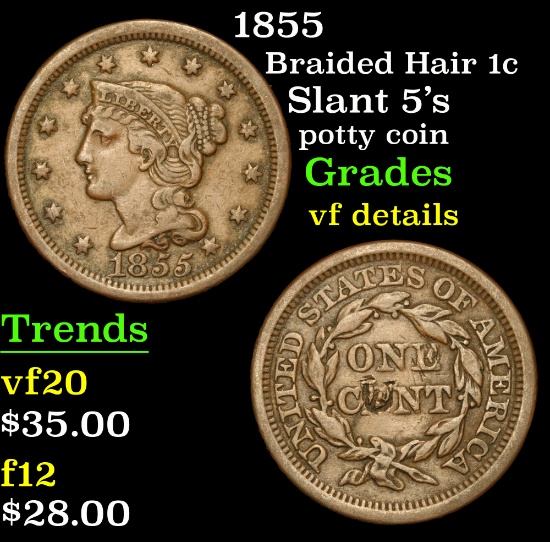 1855 Braided Hair Large Cent 1c Grades vf details