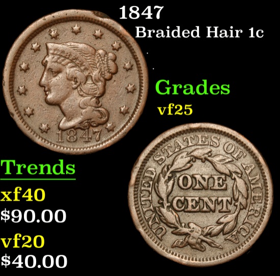 1847 Braided Hair Large Cent 1c Grades vf+