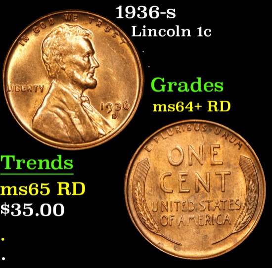 1936-s Lincoln Cent 1c Grades Choice+ Unc RD