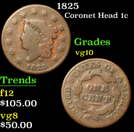 1825 Coronet Head Large Cent 1c Grades vg+