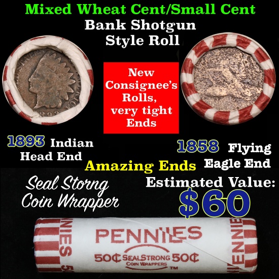Mixed small cents 1c orig shotgun roll, 1858 Flying Eagle Cent, 1893 Indian Cent other end