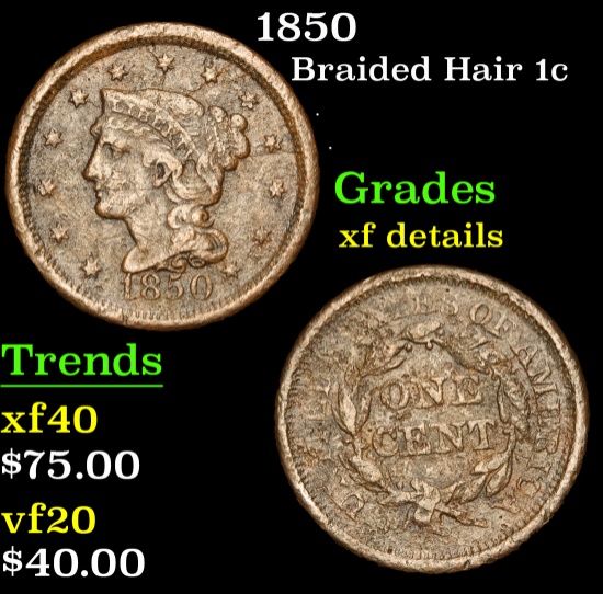 1850 Braided Hair Large Cent 1c Grades xf details