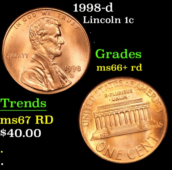 1998-d Lincoln Cent 1c Grades GEM++ RD