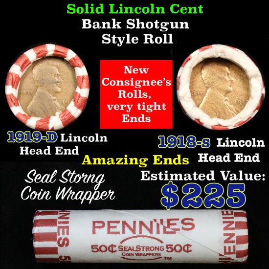 Mixed small cents 1c orig shotgun roll,1919-d Wheat Cent, 1918-s Wheat Cent other end