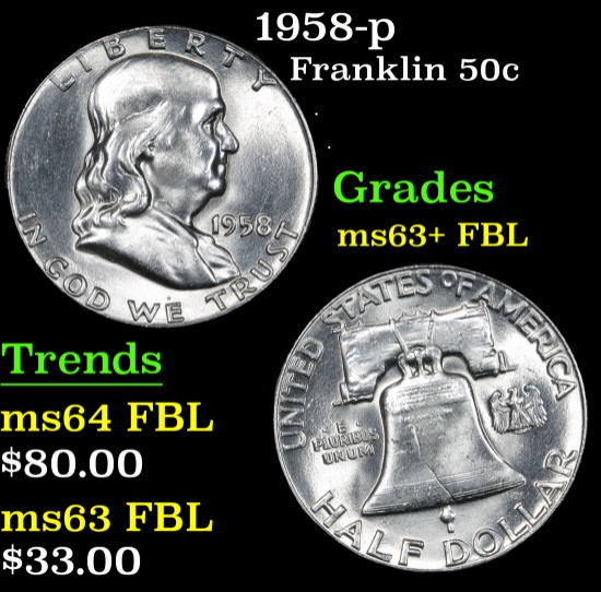 1958-p Franklin Half Dollar 50c Grades Select Unc+ FBL