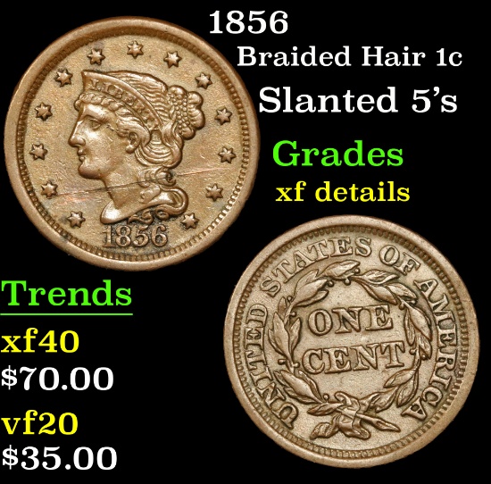 1856 Braided Hair Large Cent 1c Grades xf details