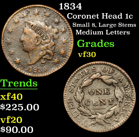 1834 Coronet Head Large Cent 1c Grades vf++