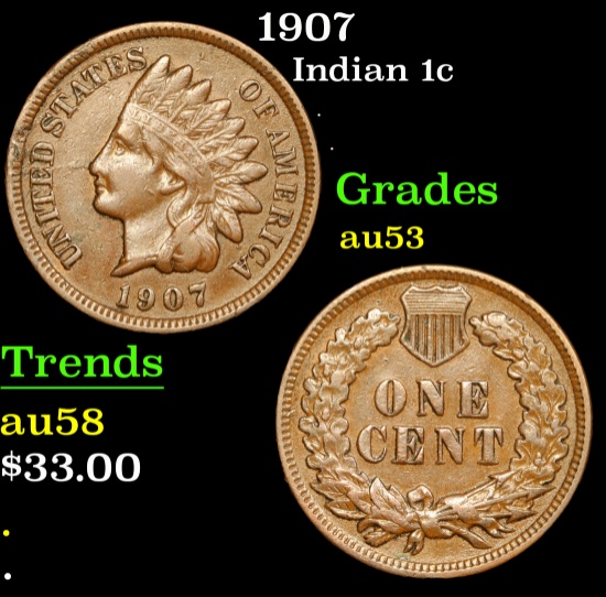 1907 Indian Cent 1c Grades Select AU