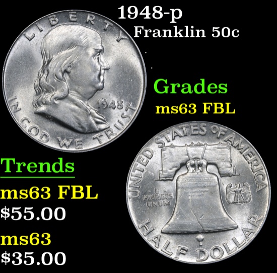 1948-p Franklin Half Dollar 50c Grades Select Unc FBL