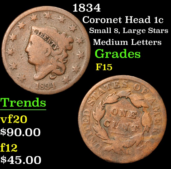 1834 Coronet Head Large Cent 1c Grades f+