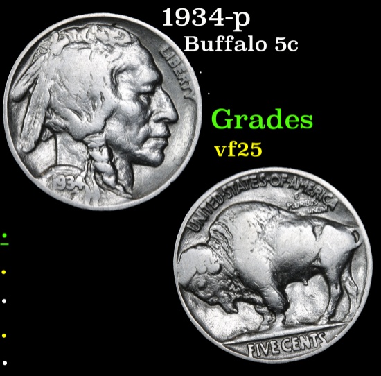 1934-p Buffalo Nickel 5c Grades vf+