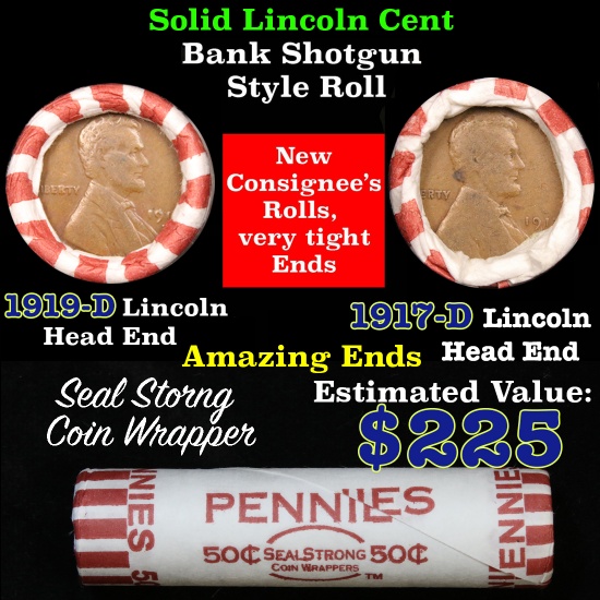 Mixed small cents 1c orig shotgun roll, 1917-d Wheat Cent, 1919-d Wheat Cent other end