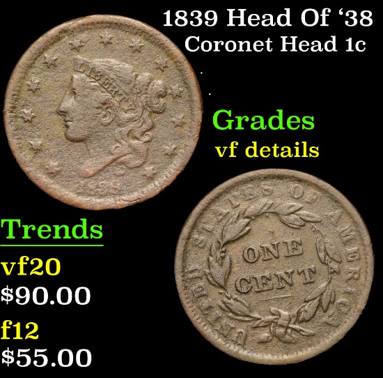 1839 Head Of '38 Coronet Head Large Cent 1c Grades vf details