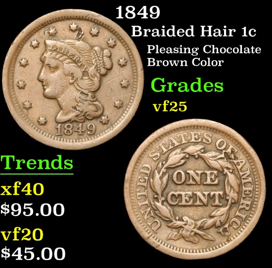 1849 Braided Hair Large Cent 1c Grades vf+