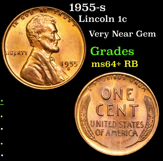 1955-s . Very Near Gem Lincoln Cent 1c Grades Choice+ Unc RB