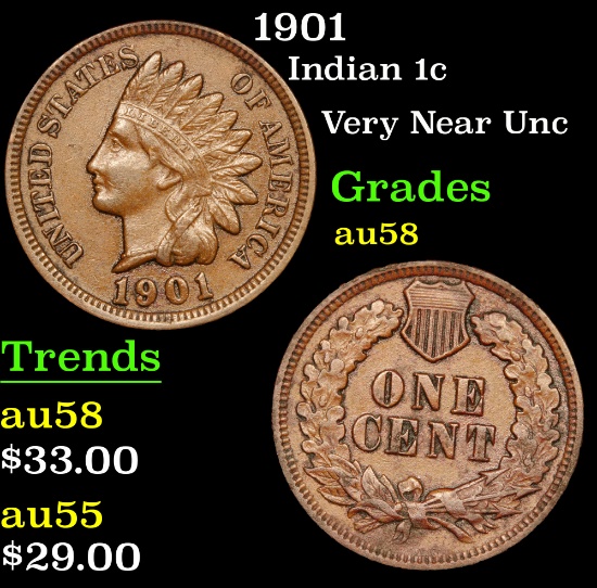 1901 . Very Near Unc Indian Cent 1c Grades Choice AU/BU Slider