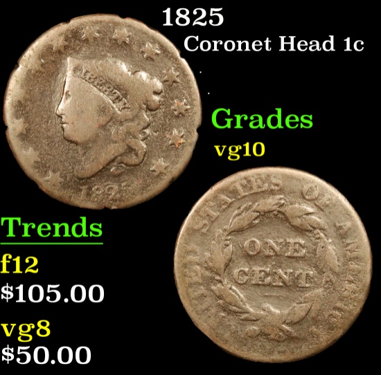 1825 . . Coronet Head Large Cent 1c Grades vg+