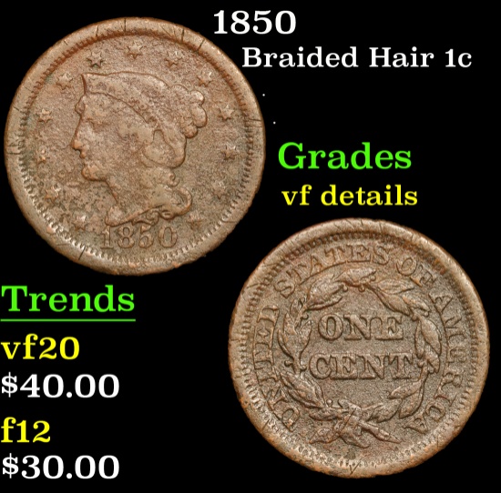 1850 . . Braided Hair Large Cent 1c Grades vf details