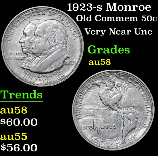 1923-s Monroe . Very Near Unc Old Commem Half Dollar 50c Grades Choice AU/BU Slider