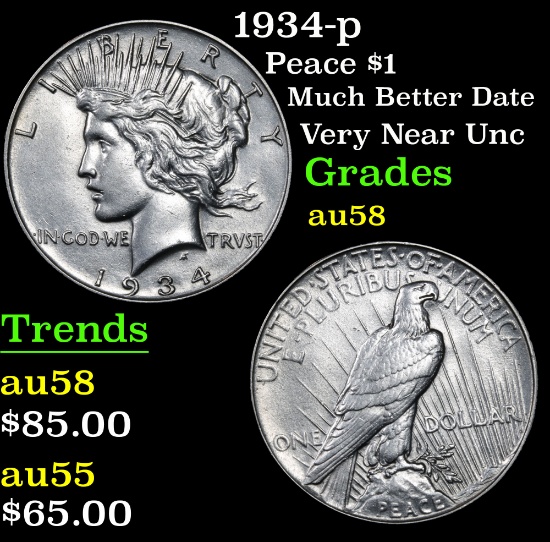 1934-p Much Better Date Very Near Unc Peace Dollar $1 Grades Choice AU/BU Slider