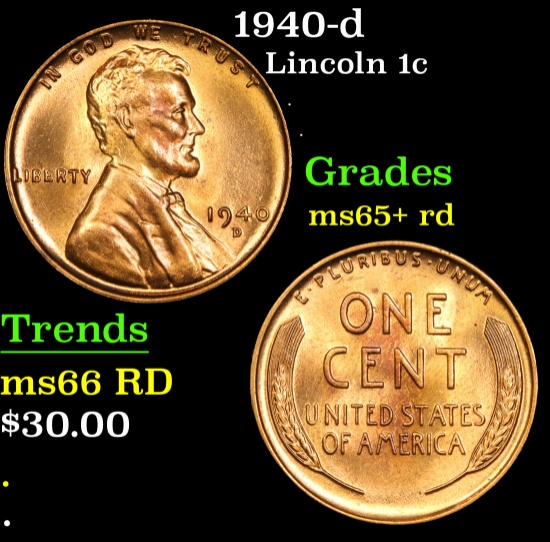 1940-d . . Lincoln Cent 1c Grades Gem+ Unc RD