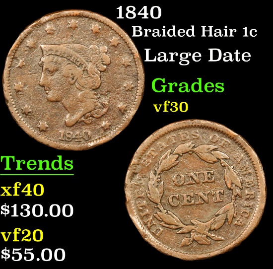 1840 Large Date . Braided Hair Large Cent 1c Grades vf++