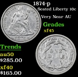 1874-p Very Near AU . Seated Liberty Dime 10c Grades xf+