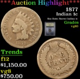 ***Auction Highlight*** 1877 Key Date; Rarest Indian 1c . Indian Cent 1c Graded vg+ By USCG (fc)
