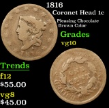 1816 Pleasing Chocolate Brown Color . Coronet Head Large Cent 1c Grades vg+
