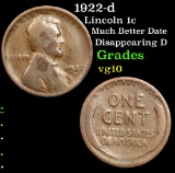1922-d Much Better Date Disappearing D Lincoln Cent 1c Grades vg+