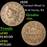 1838 N-14 Varity, R4 . Coronet Head Large Cent 1c Grades vf+