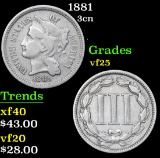 1881 . . Three Cent Copper Nickel 3cn Grades vf+