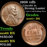 1909 vdb Strong Luster Lots of red Peeking Thru Lincoln Cent 1c Grades GEM+ Unc BN