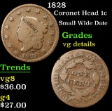 1828 Small Wide Date . Coronet Head Large Cent 1c Grades vg details