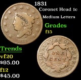 1831 Medium Letters . Coronet Head Large Cent 1c Grades f+