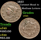 1837 Medium Letters . Coronet Head Large Cent 1c Grades vf+