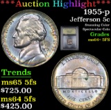 ***Auction Highlight*** 1955-p Jefferson Nickel 5c Graded Choice Unc+ 5fs By USCG (fc)