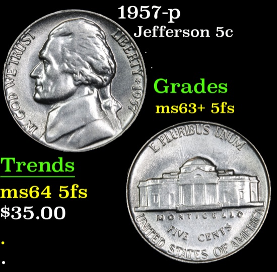 1957-p Jefferson Nickel 5c Grades Select Unc+ 5fs