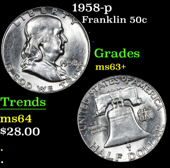 1958-p Franklin Half Dollar 50c Grades Select+ Unc