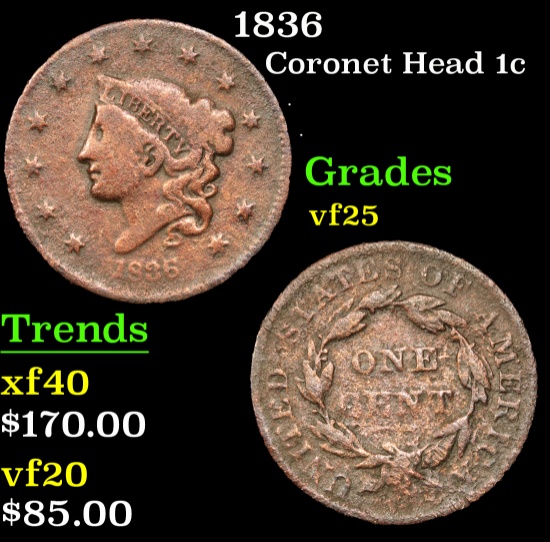 1836 Coronet Head Large Cent 1c Grades vf+