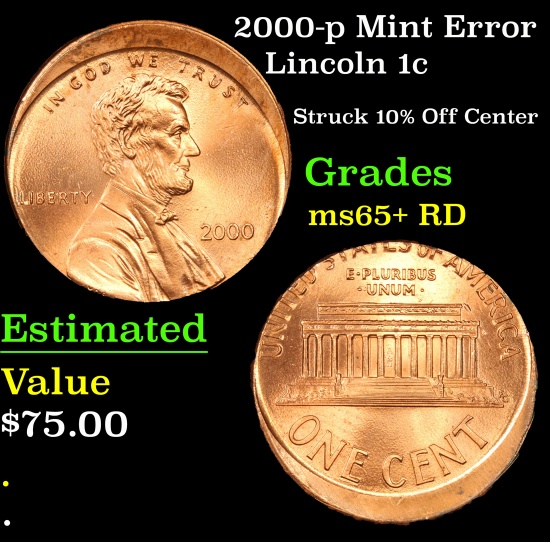2000-p Mint Error Lincoln Cent 1c Grades Gem+ Unc RD