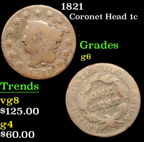 1821 Coronet Head Large Cent 1c Grades g+