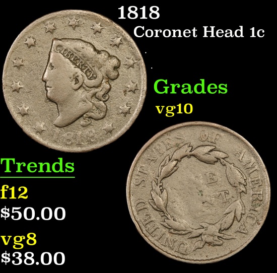 1818 Coronet Head Large Cent 1c Grades vg+