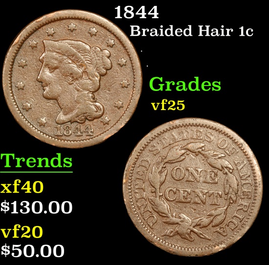 1844 Braided Hair Large Cent 1c Grades vf+