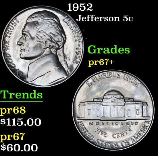 1952 Jefferson Nickel 5c Grades GEM++ Proof