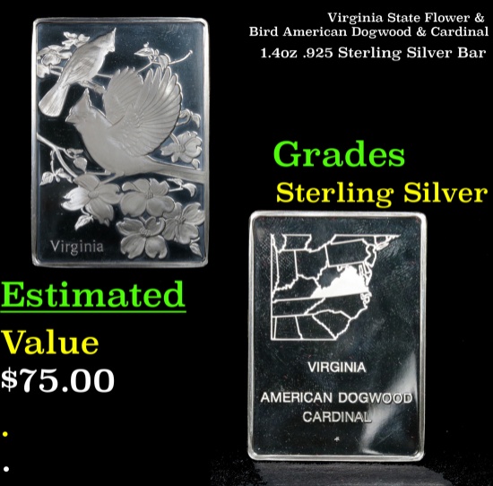 Virginia State Flower & Bird American Dogwood & Cardinal 1.4oz .925 Sterling Silver Bar Grades