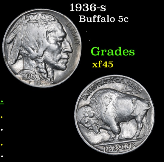 1936-s Buffalo Nickel 5c Grades xf+