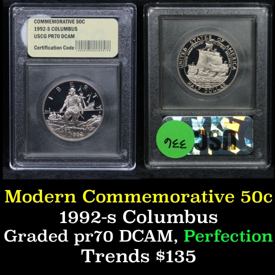 1992-s Columbus . . Proof Commem Half Dollar 50c Graded GEM++ Proof Deep Cameo By USCG