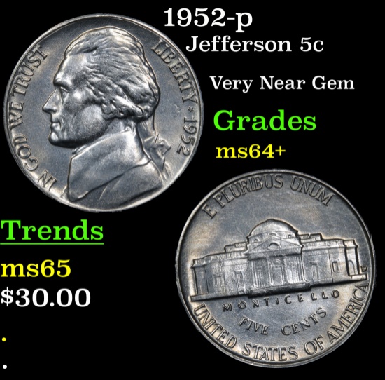 1952-p Jefferson Nickel 5c Grades Choice+ Unc