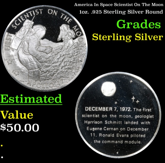 America In Space Scientist On The Moon 1oz. .925 Sterling Silver Round Grades